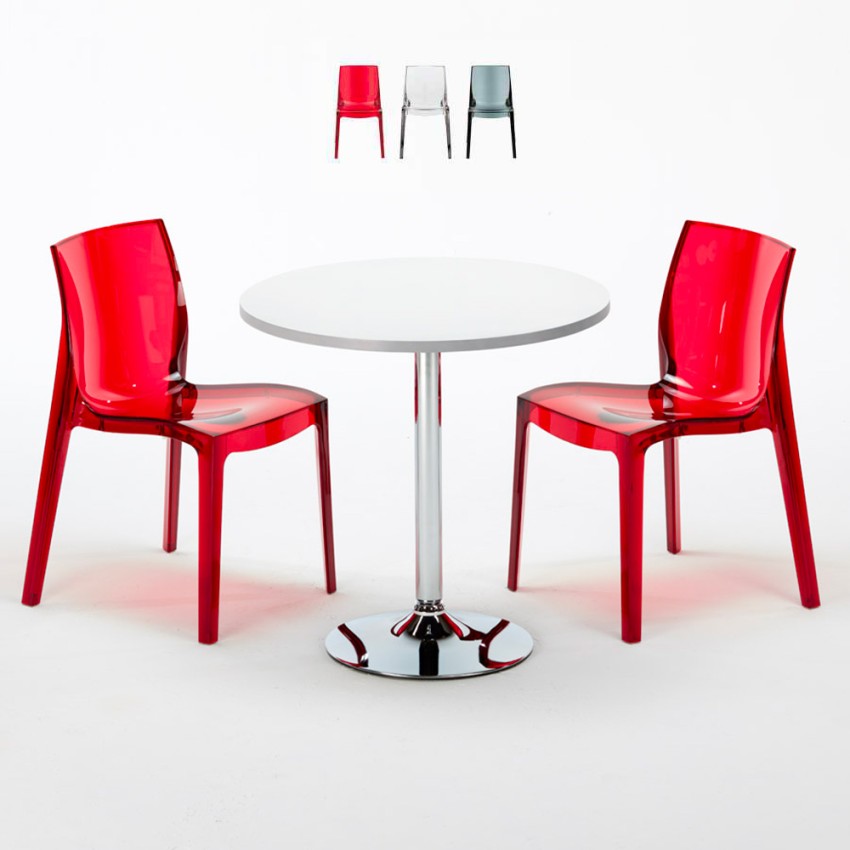 Tavolino Rotondo Bianco 70x70 cm con 2 Sedie Colorate Trasparenti Femme Fatale Spectre Vendita