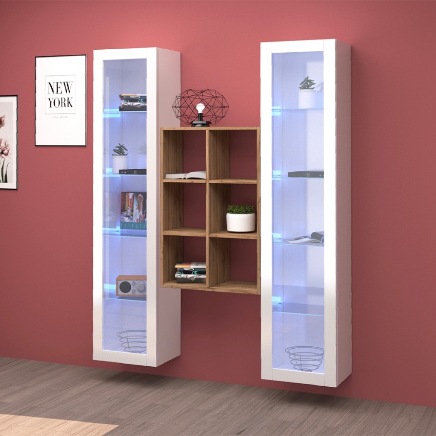 Sala de estar de pared de almacenamiento 2 estanterías de madera blanca Kesia WH Promoción