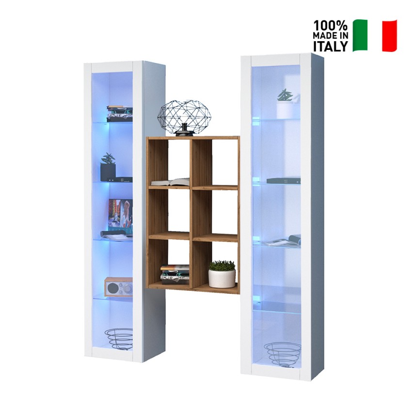 Sala de estar de pared de almacenamiento 2 estanterías de madera blanca Kesia WH Venta