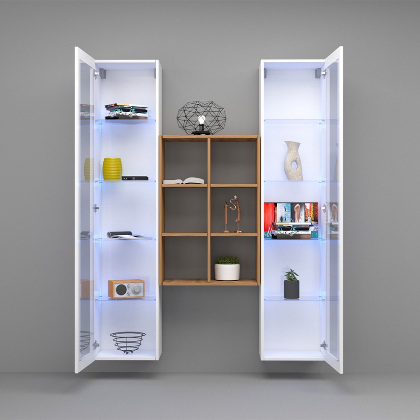 Sala de estar de pared de almacenamiento 2 estanterías de madera blanca Kesia WH Descueto