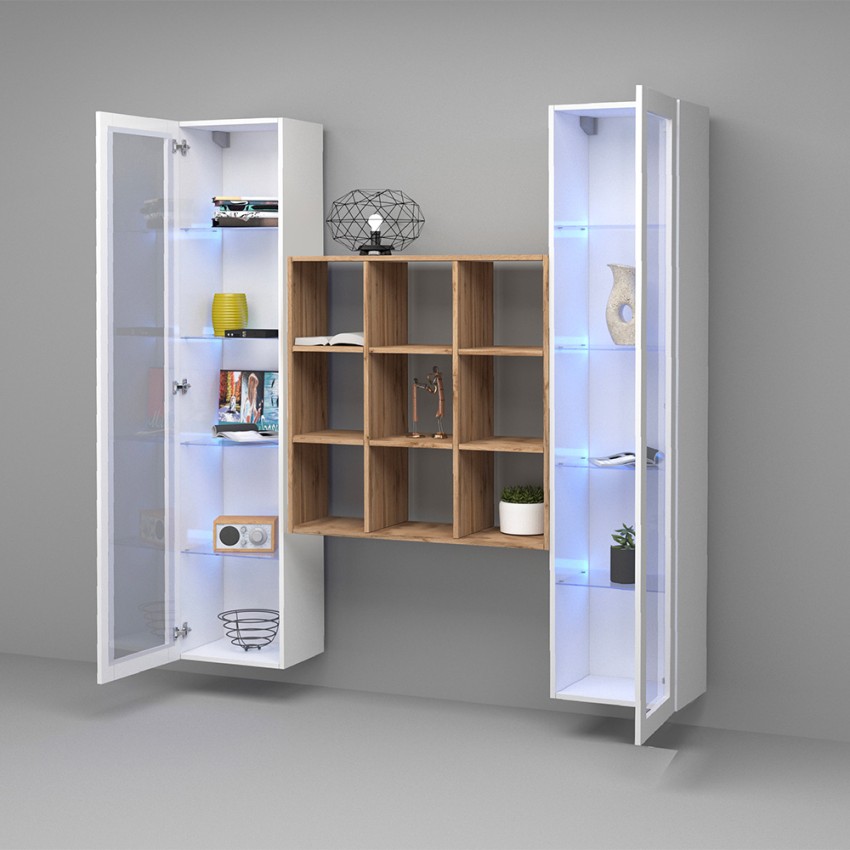 Parete attrezzata sospesa libreria in legno 2 vetrine bianche Vila WH Saldi