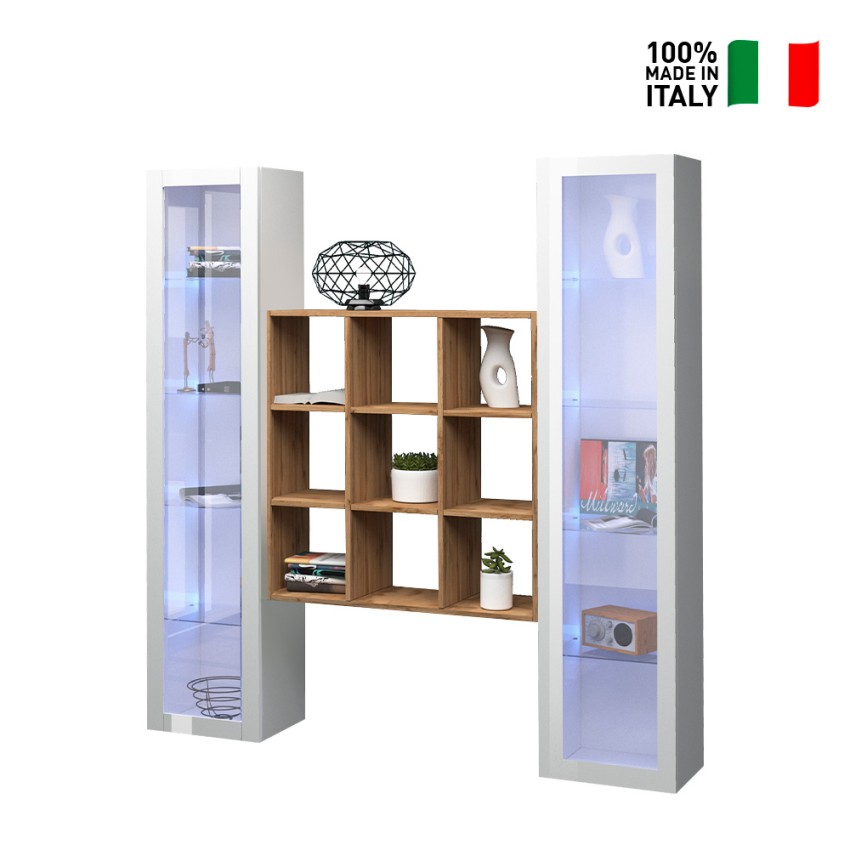 Parete attrezzata sospesa libreria in legno 2 vetrine bianche Vila WH Vendita
