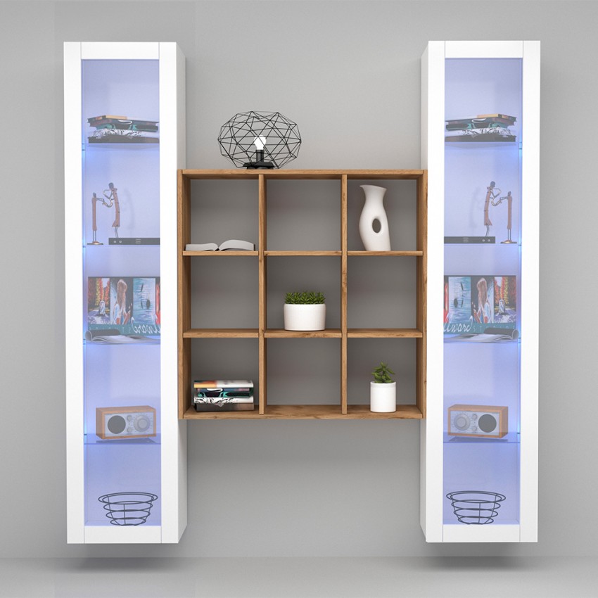 Parete attrezzata sospesa libreria in legno 2 vetrine bianche Vila WH Sconti