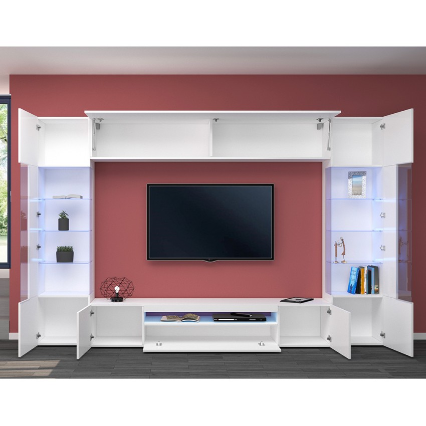 Weiße Wohnzimmer-Wand mit TV-Halterung, 2 Vitrinen und Hängeschrank Sultan WH Sales