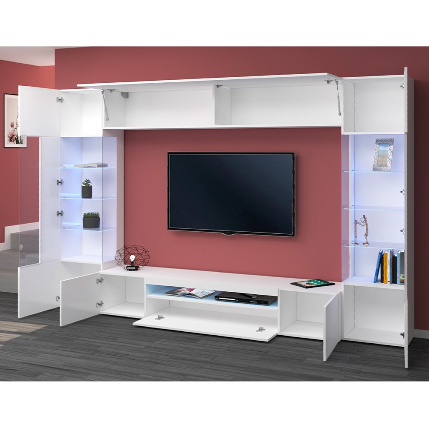 Weiße Wohnzimmer-Wand mit TV-Halterung, 2 Vitrinen und Hängeschrank Sultan WH Katalog