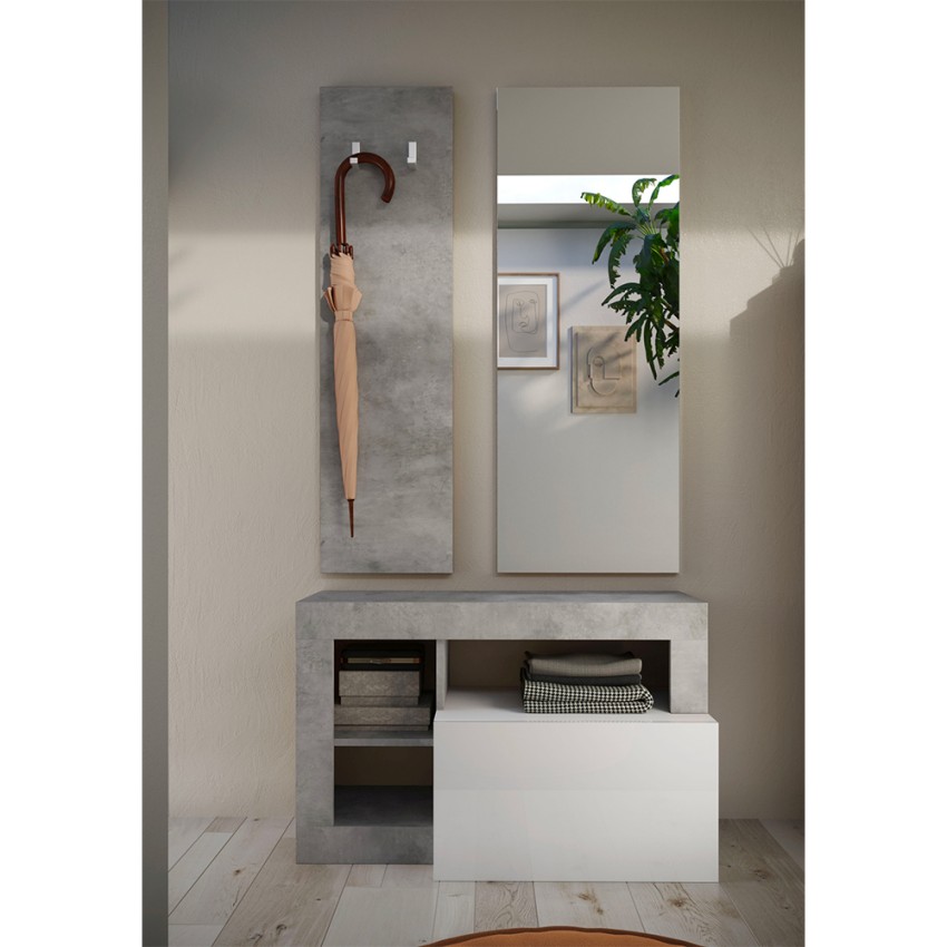 Set Mobili Ingresso Grigio Cemento - Panca Con Cassetto, Specchio E Appendiabiti, In Legno Multistrato