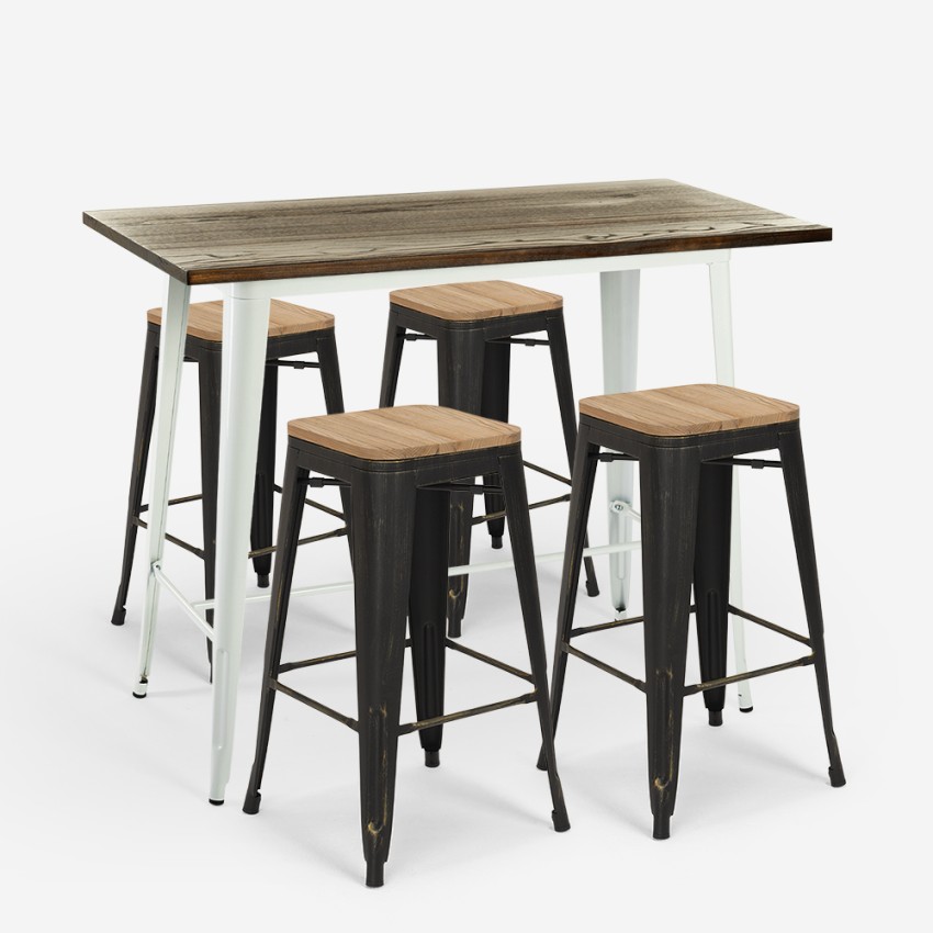 mesa alta de bar blanca 120x60 4 taburetes industrial navarro Descueto