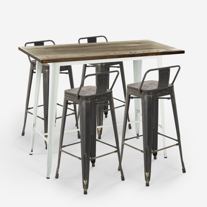 conjunto mesa alta blanca industrial 4 taburetes de bar respaldo palmyra Catálogo