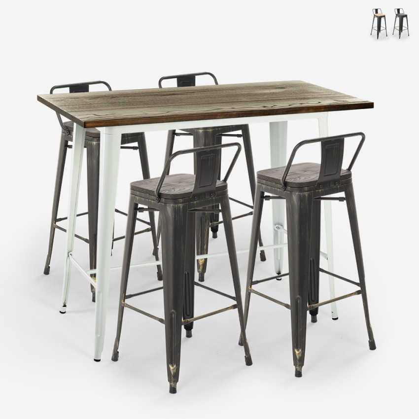 conjunto mesa alta blanca industrial 4 taburetes de bar respaldo palmyra Venta