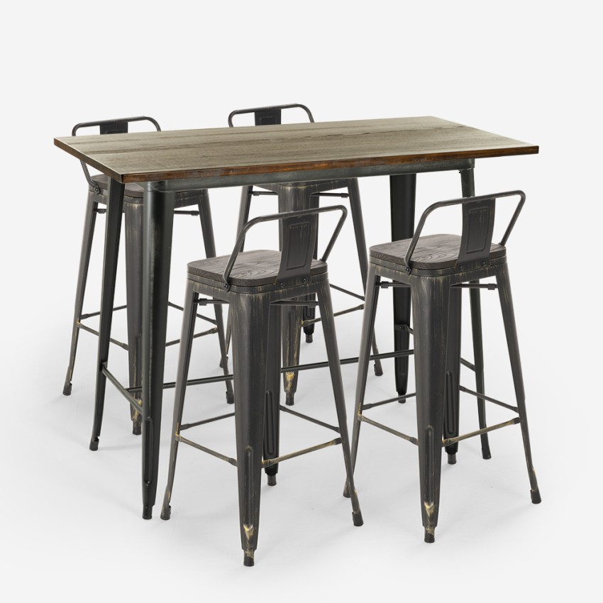 juego blackduck de 4 taburetes de barra con respaldo mesa 120x60 vintage negro Descueto