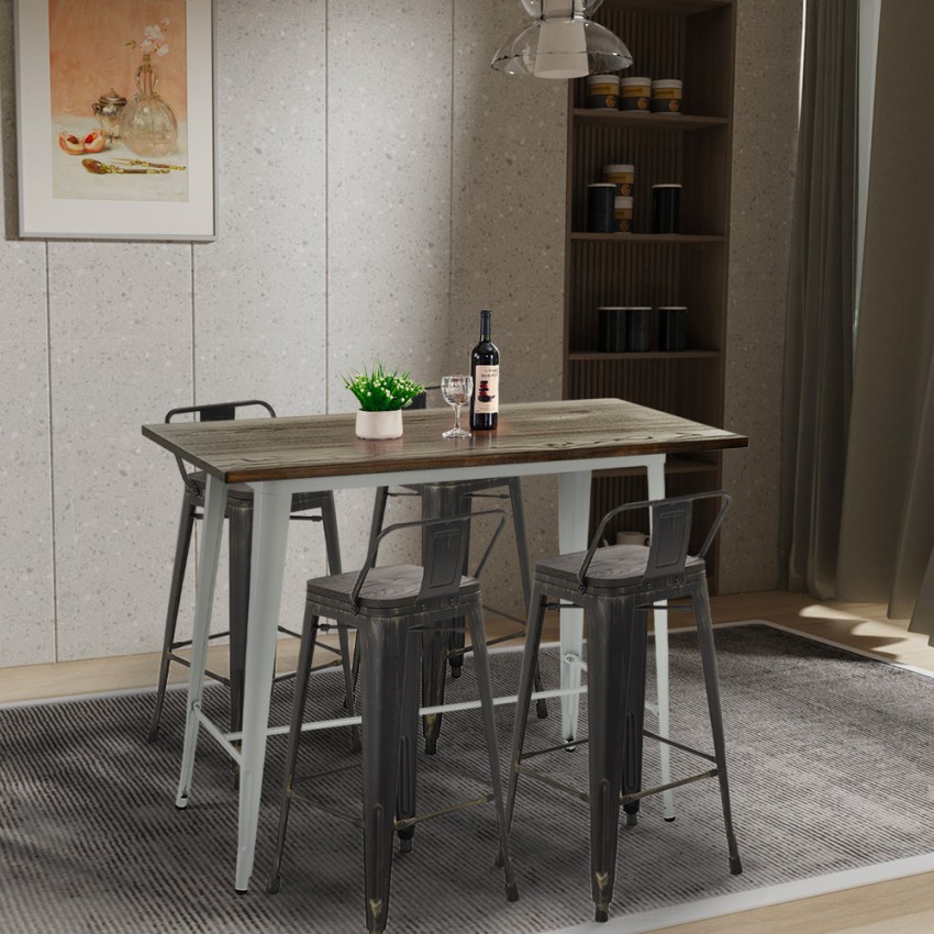 conjunto mesa alta blanca industrial 4 taburetes de bar respaldo palmyra Rebajas