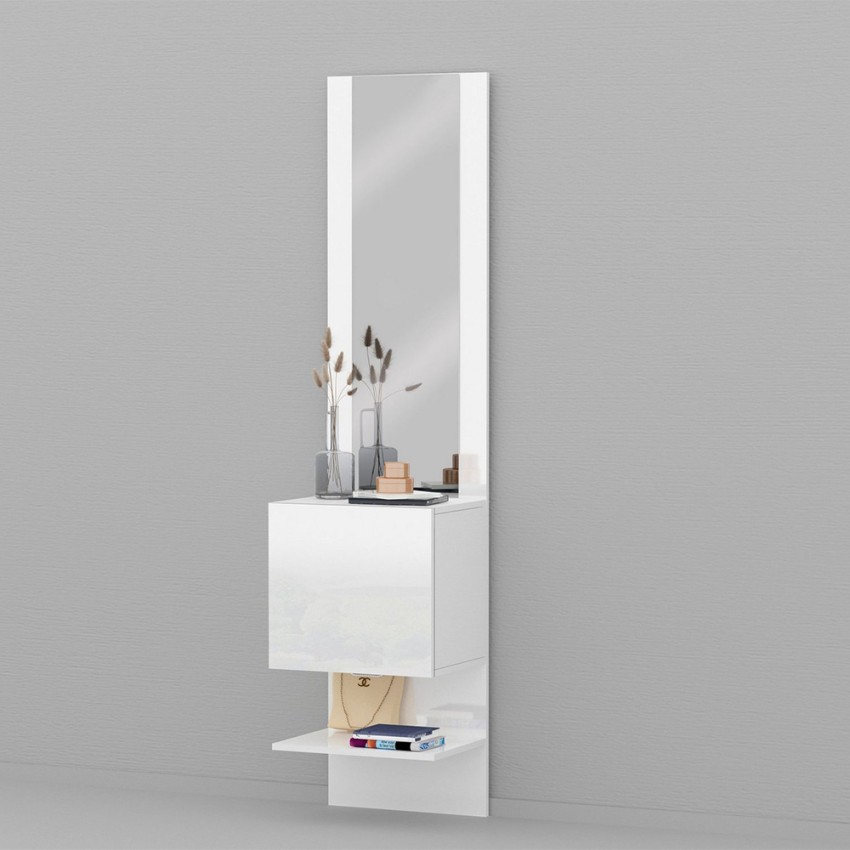 Meuble à chaussures mural entrée blanc brillant étagère 1 porte miroir Karin Remises