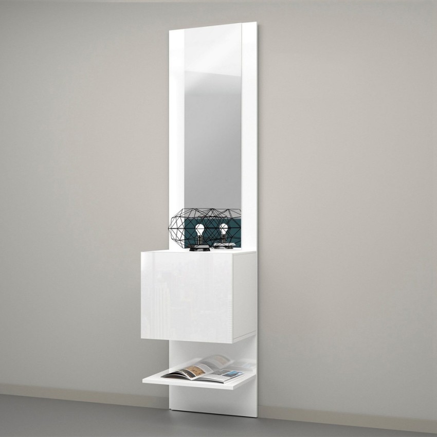 Meuble à chaussures mural entrée blanc brillant étagère 1 porte miroir Karin Réductions