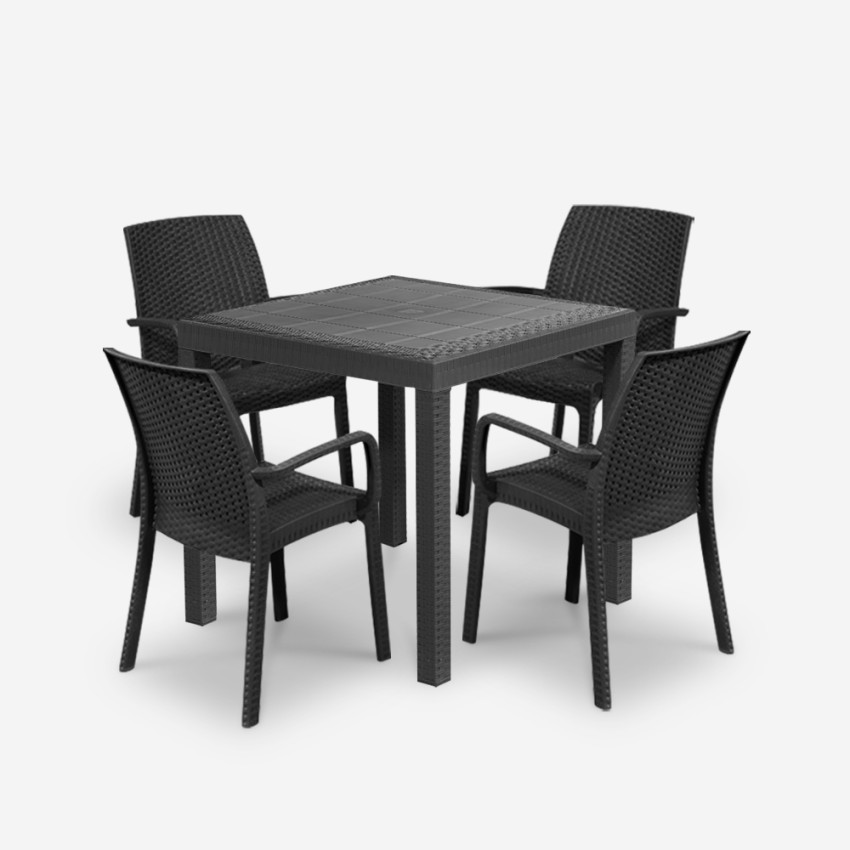 Garten-Set viereckiger Tisch 80x80cm Rattan 4 Stühle Schwarz Nisida Dark Lagerbestand