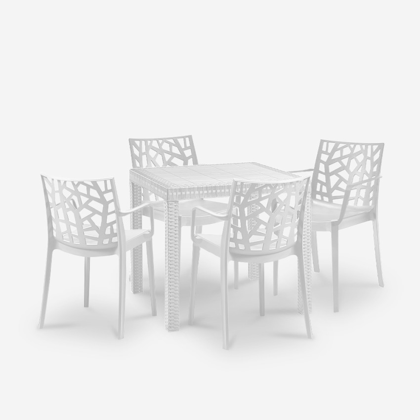 Set Garten-Tisch Außenbereich 80x80cm Rattan 4 Stühle Weiß Nisida Light Kosten