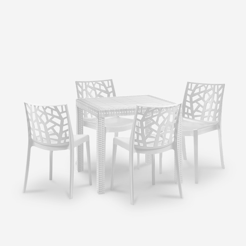 Set Garten-Tisch Außenbereich 80x80cm Rattan 4 Stühle Weiß Nisida Light Maße