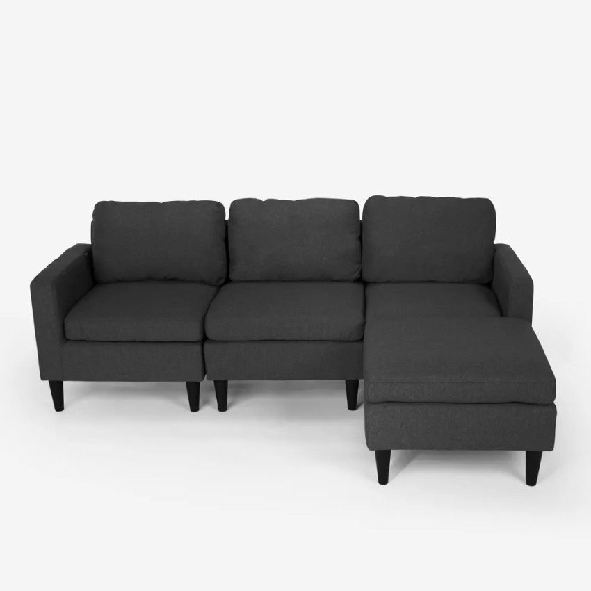 Divano 3 posti braccioli con pouf in tessuto salotto moderno elegante Steffy 