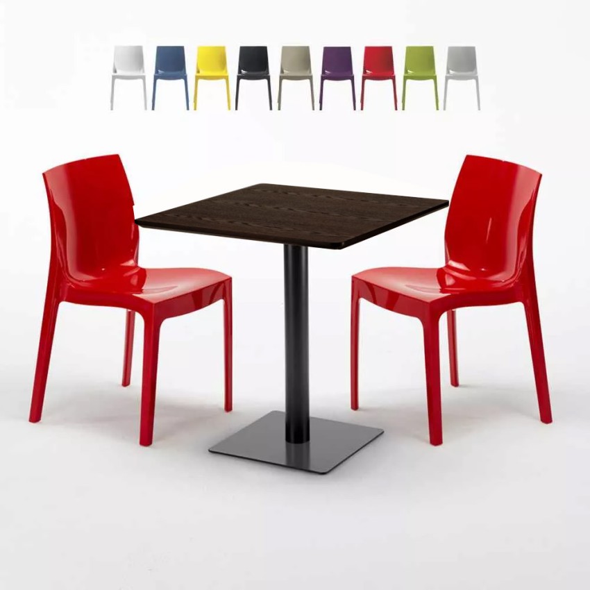 Quadratisch Tisch Holzeffekt und Schwarz Stahlfuß 60x60 cm mit 2 Bunten Stühlen Ice Kiss Modell