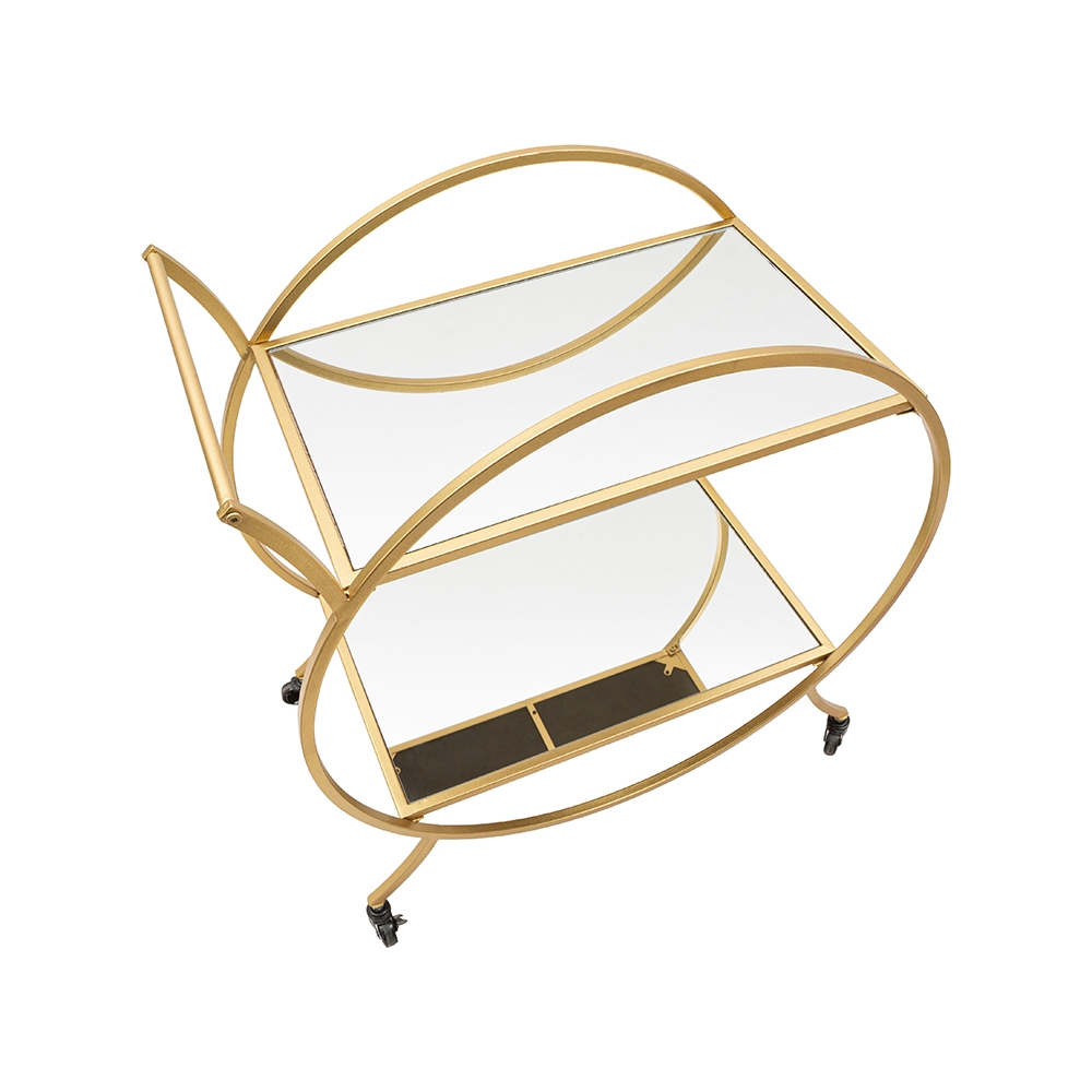 Carrito bar de salón en metal dorado con estantes de espejo Globe Descueto
