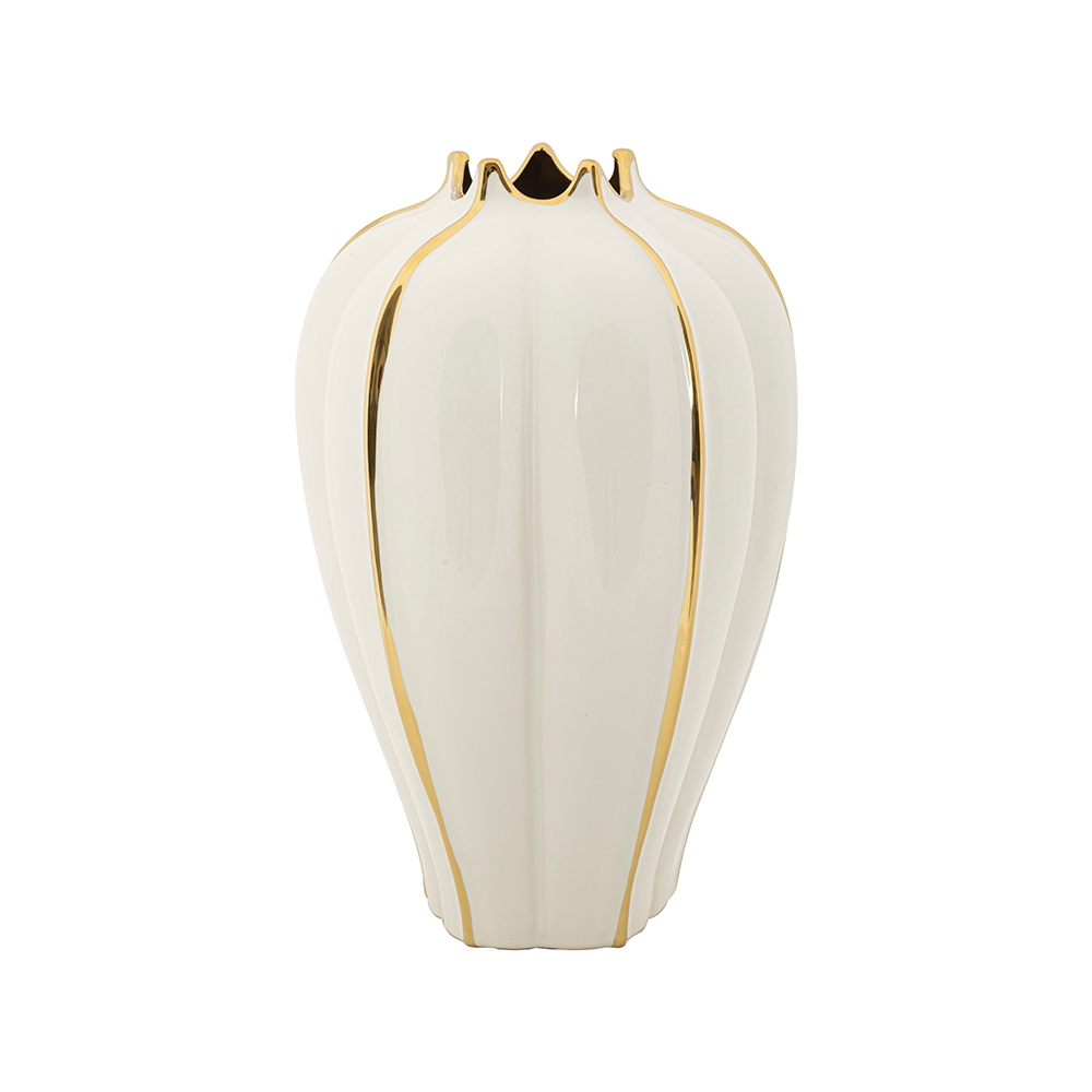 Vaso per fiori in ceramica bianco e dettagli dorati Potter Promozione