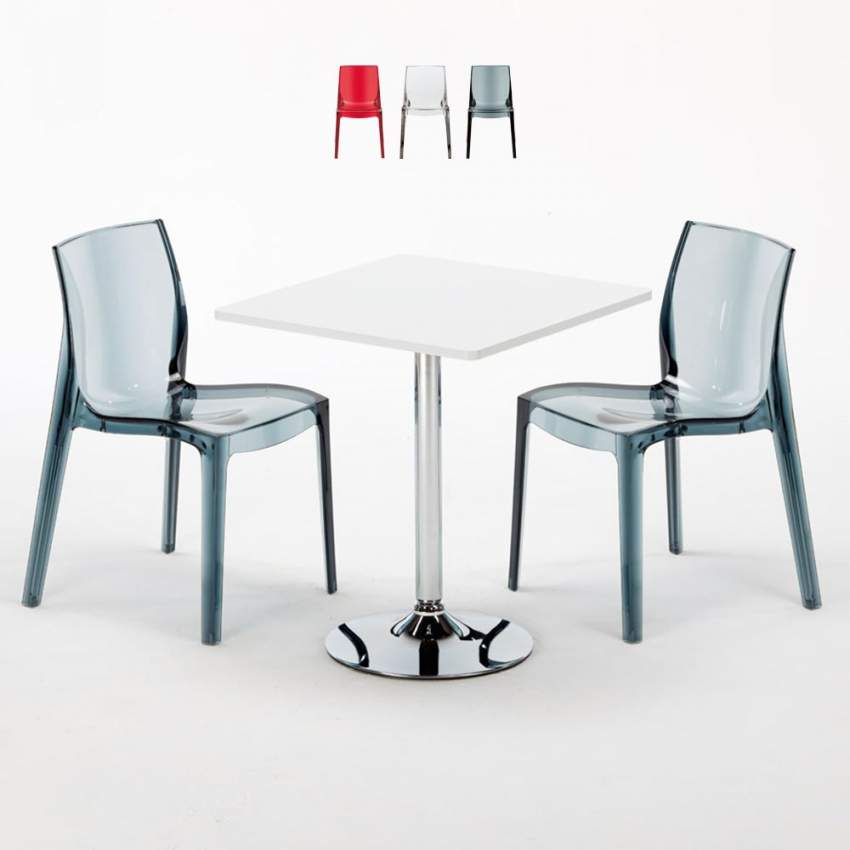 Mesa Cuadrada Blanca 70x70 cm y Sillas De Colores Transparentes Femme Fatale Demon Promoción