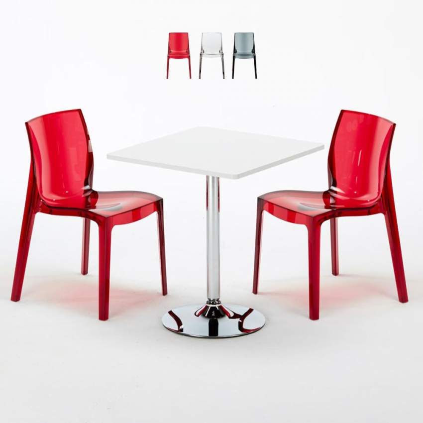 Tavolino Quadrato Bianco 70x70 cm con 2 Sedie Colorate Trasparenti Femme Fatale Demon Offerta