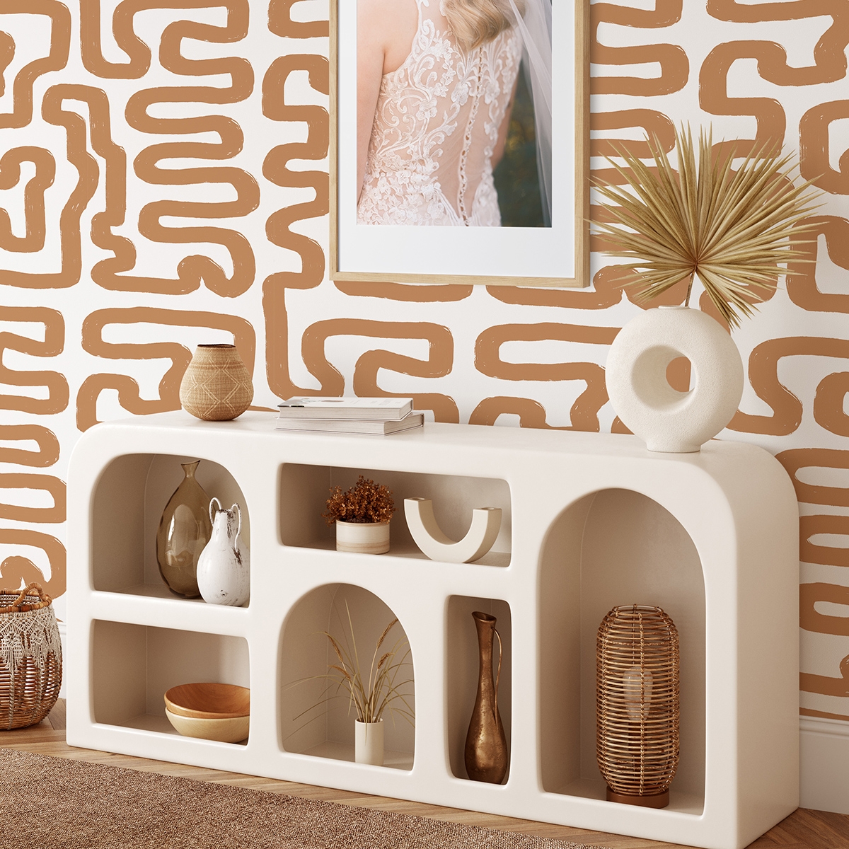 Papier peint adhésif design géométrique Abstrait Blanc et Noisette Vente