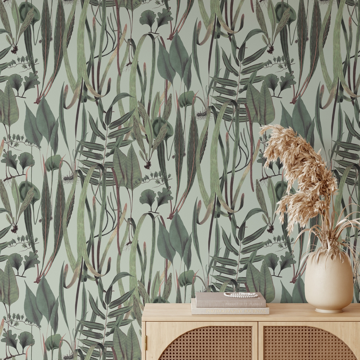 Papier peint salon avec plantes et feuilles jungle Botanica Verde Vente