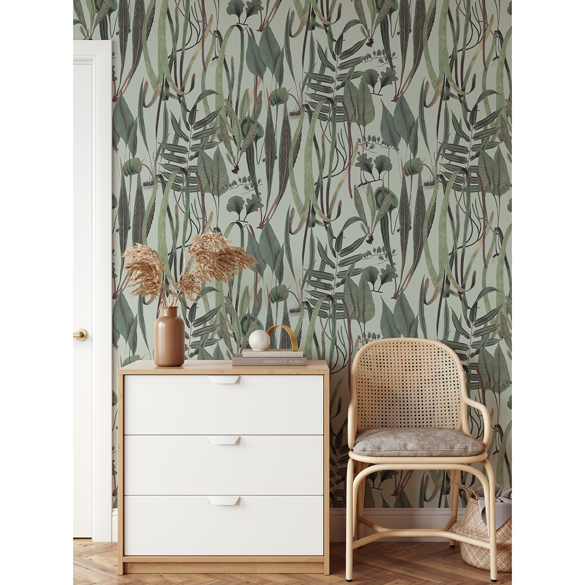 Papier peint salon avec plantes et feuilles jungle Botanica Verde Offre