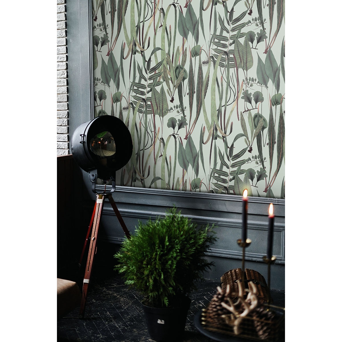Papier peint salon avec plantes et feuilles jungle Botanica Verde Remises
