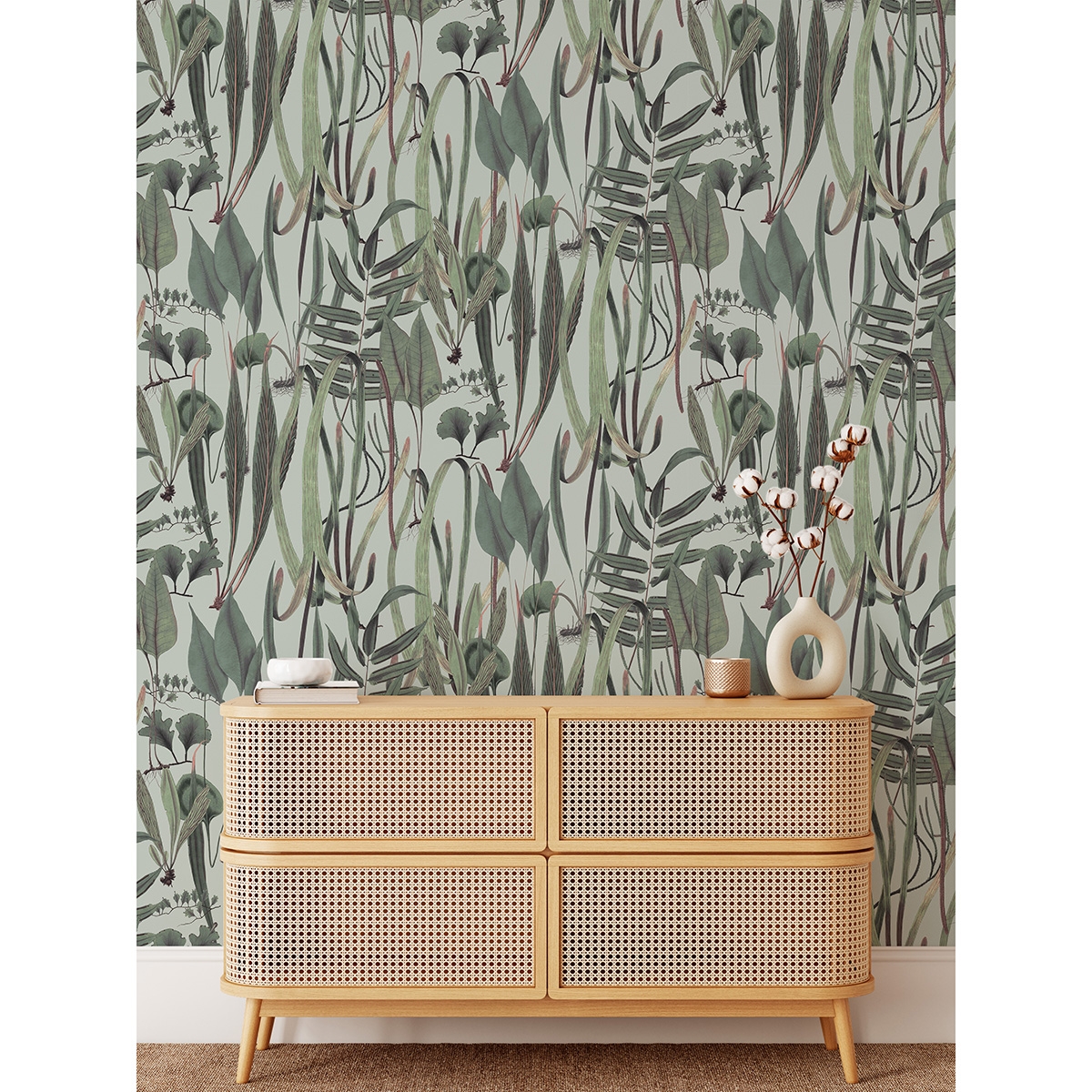 Papier peint salon avec plantes et feuilles jungle Botanica Verde Réductions
