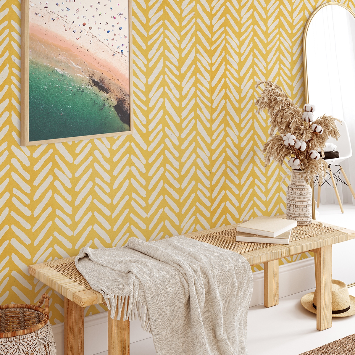 Papier peint adhésif vintage pour salon Géométrique Jaune Vente