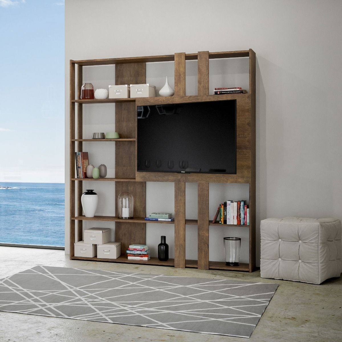 Moderne Bücherregal mit TV-Ständer, 6 Regalböden, 178x36x204, Kato L Lagerbestand