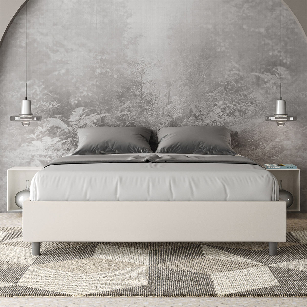 Cama matrimonial acolchada de piel sintética blanca 160x190 Azelia Promoción