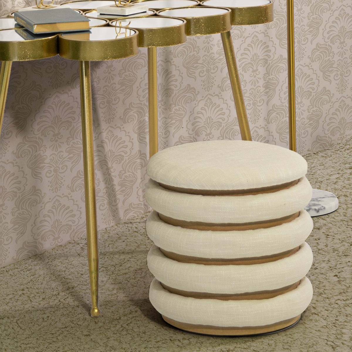 Boho-Chic runder Aufbewahrungspouf aus Holz und Stoff Damasco Line Verkauf
