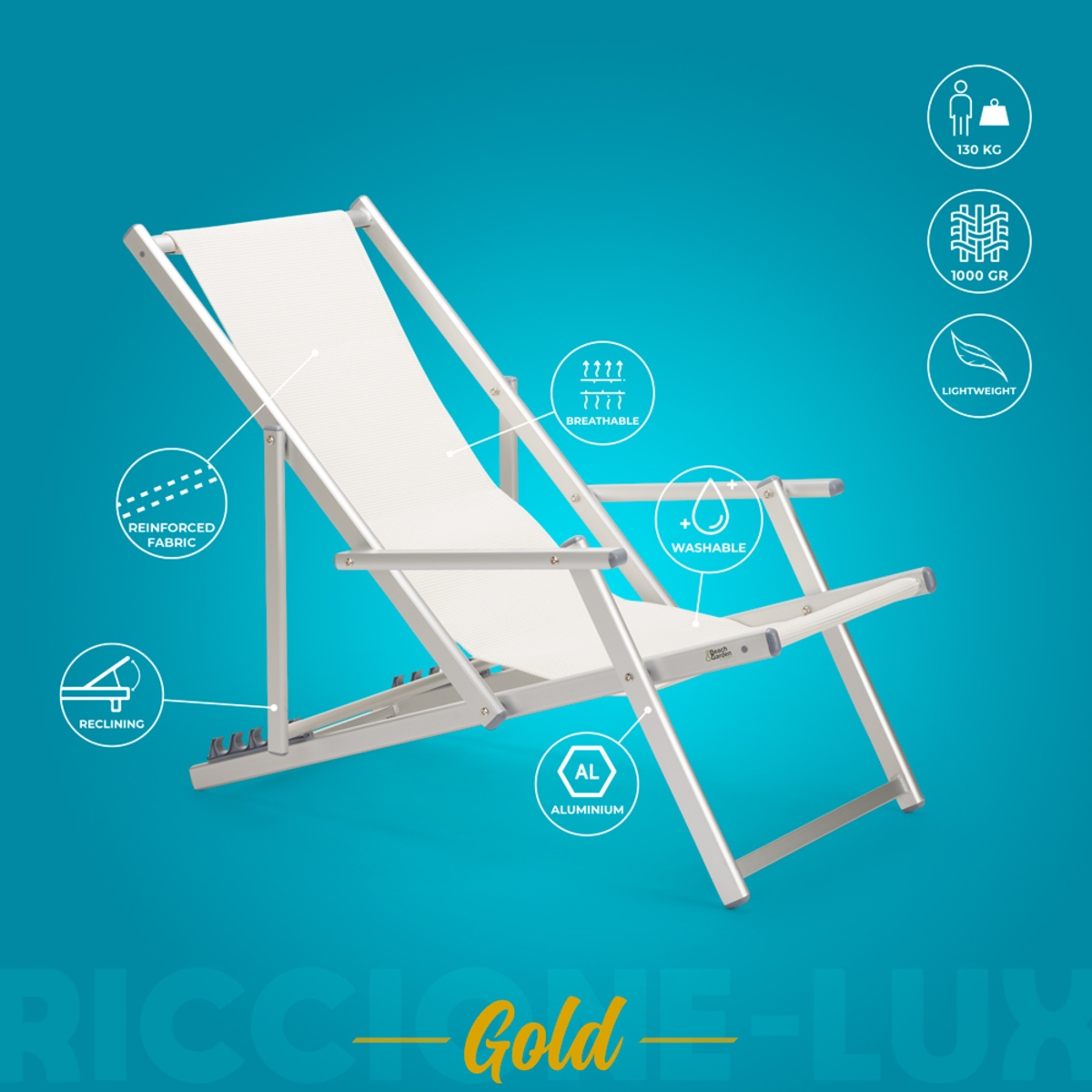 Sea Strandliegestuhl mit klappbaren Armlehnen aus Aluminium Riccione Gold Lux 