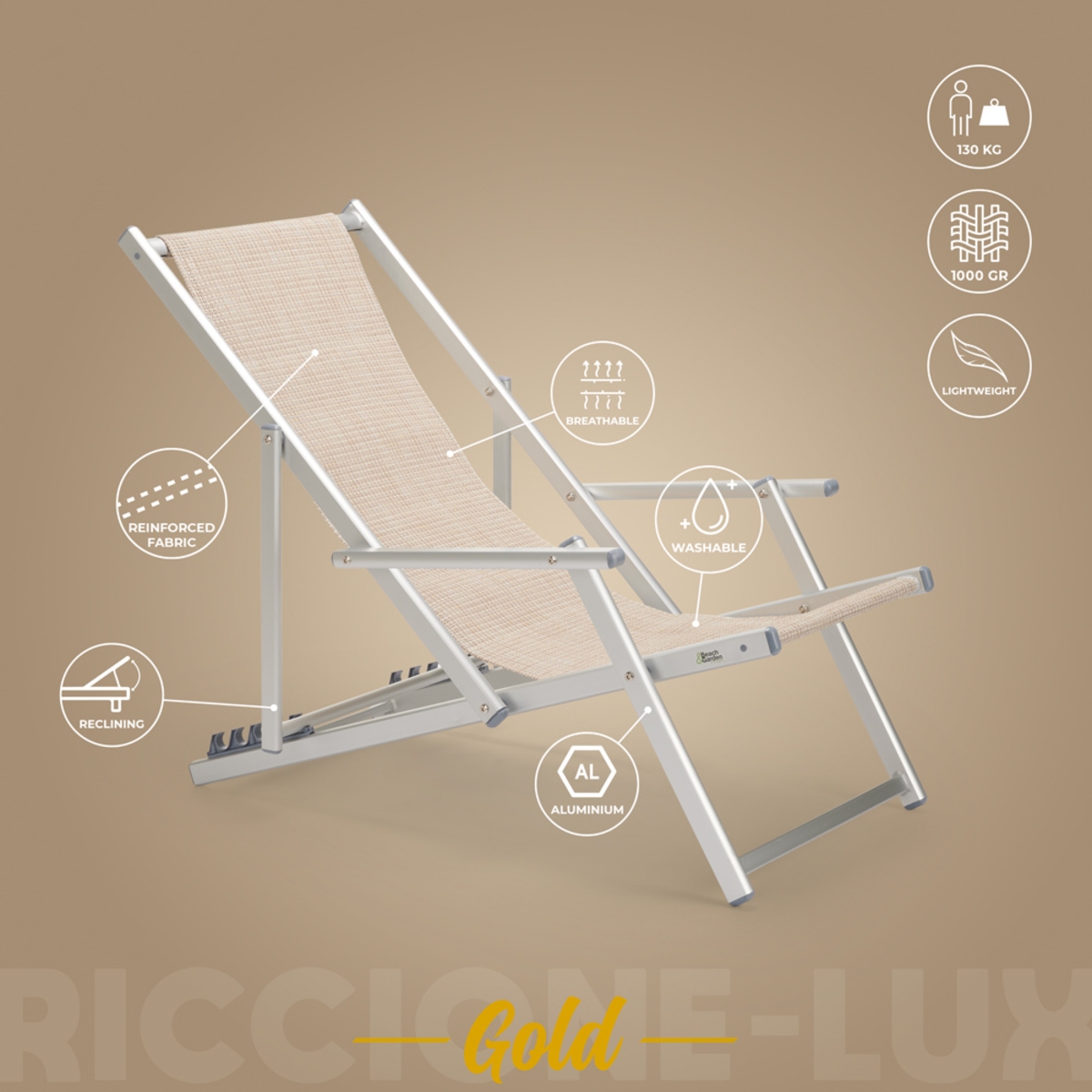 2er Set Strandliegen Liegestühle Sonnenliegen mit Armlehnen aus Aluminium Riccione Gold Lux 