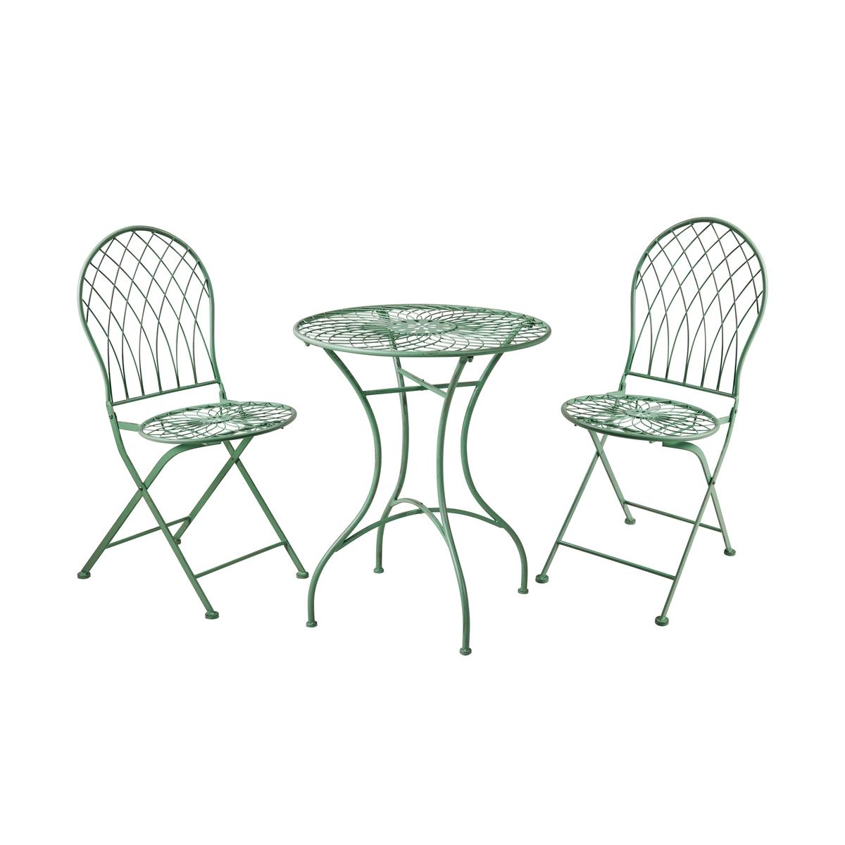 Juego bistró para exterior mesa y 2 sillas plegables de hierro verde Isabelle Promoción