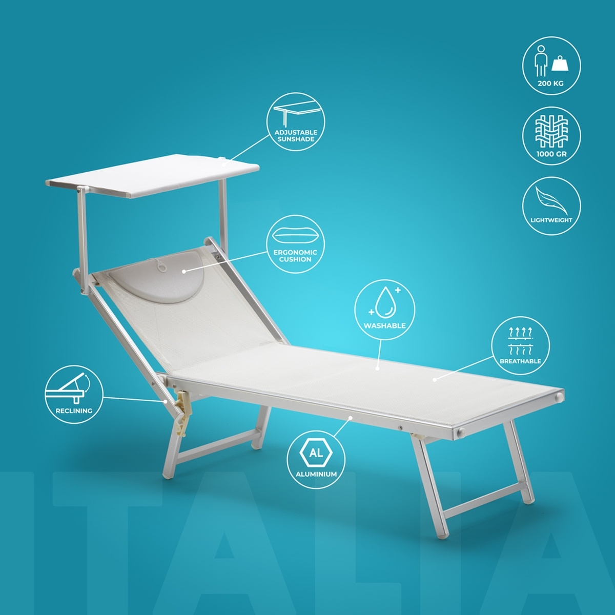 4 Bains de soleil professionnels transats de plage aluminium Italia Achat