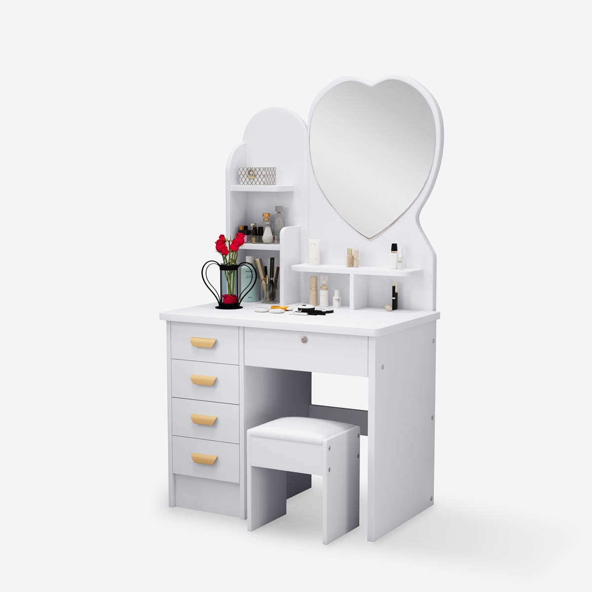 Coiffeuse Avec Miroir Et Tabouret - 6 Tiroirs + 6 étagères - Dimensions 80x37x122 Cm - Blanc, Gain De Place, Chambre