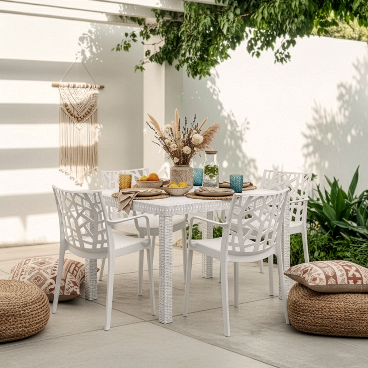 Set Garten-Tisch Außenbereich 80x80cm Rattan 4 Stühle Weiß Nisida Light 