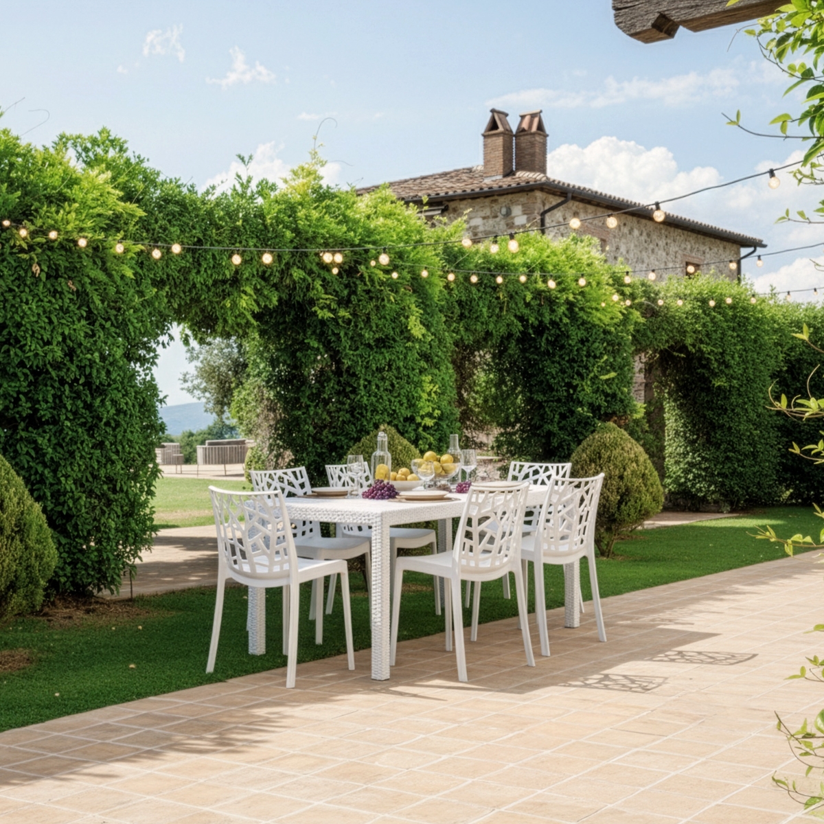 Tischset für Garten im Freien Rattan 150x90cm 6 Stühle Weiß Meloria Light 