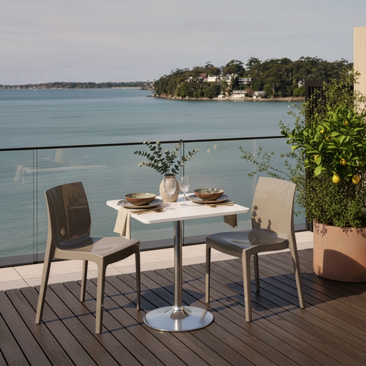 Weiß Quadratisch Tisch und 2 Stühle Farbiges Polypropylen-Innenmastenset Grand Soleil Ice Cocktail 