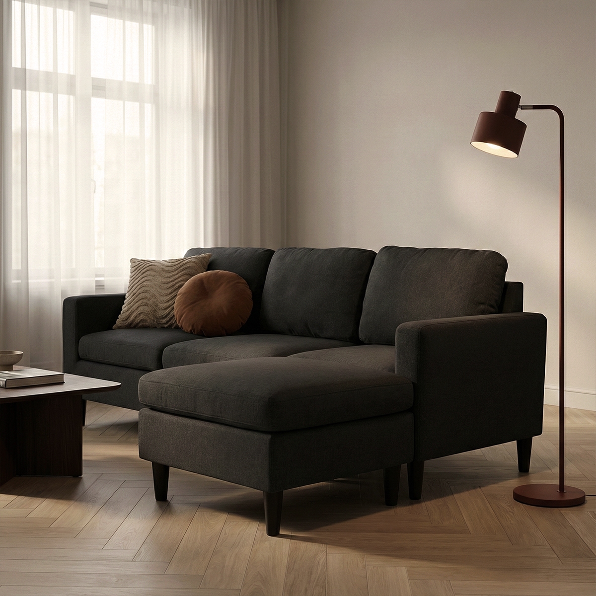 Divano 3 posti braccioli con pouf in tessuto salotto moderno elegante Steffy 
