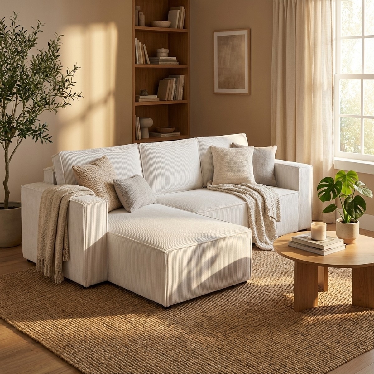 Ecksofa mit Halbinsel und ausziehbarem Bett in Rippenstoff Leka Kauf