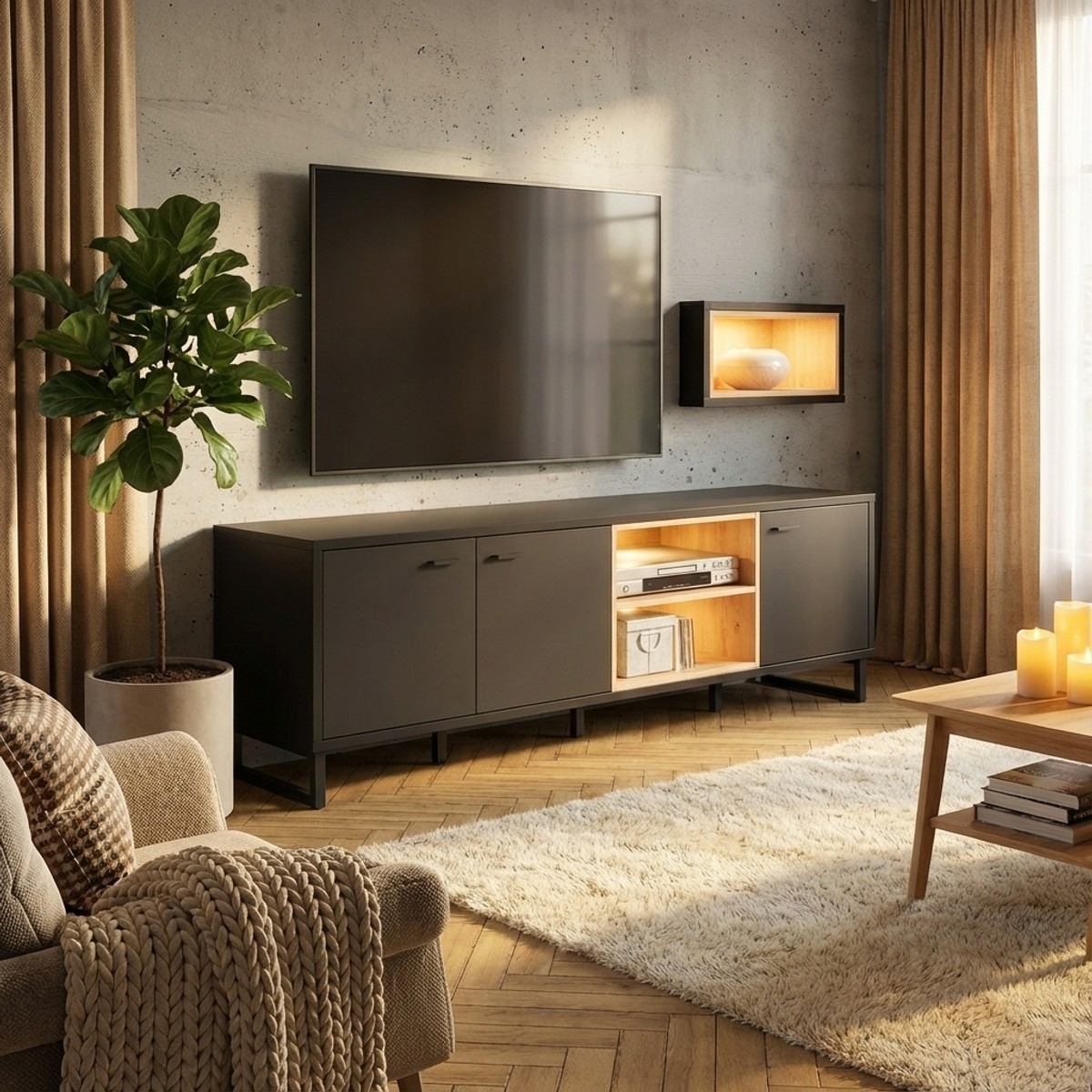 Mueble para TV negro y roble estilo industrial 175x55 Decyma Venta
