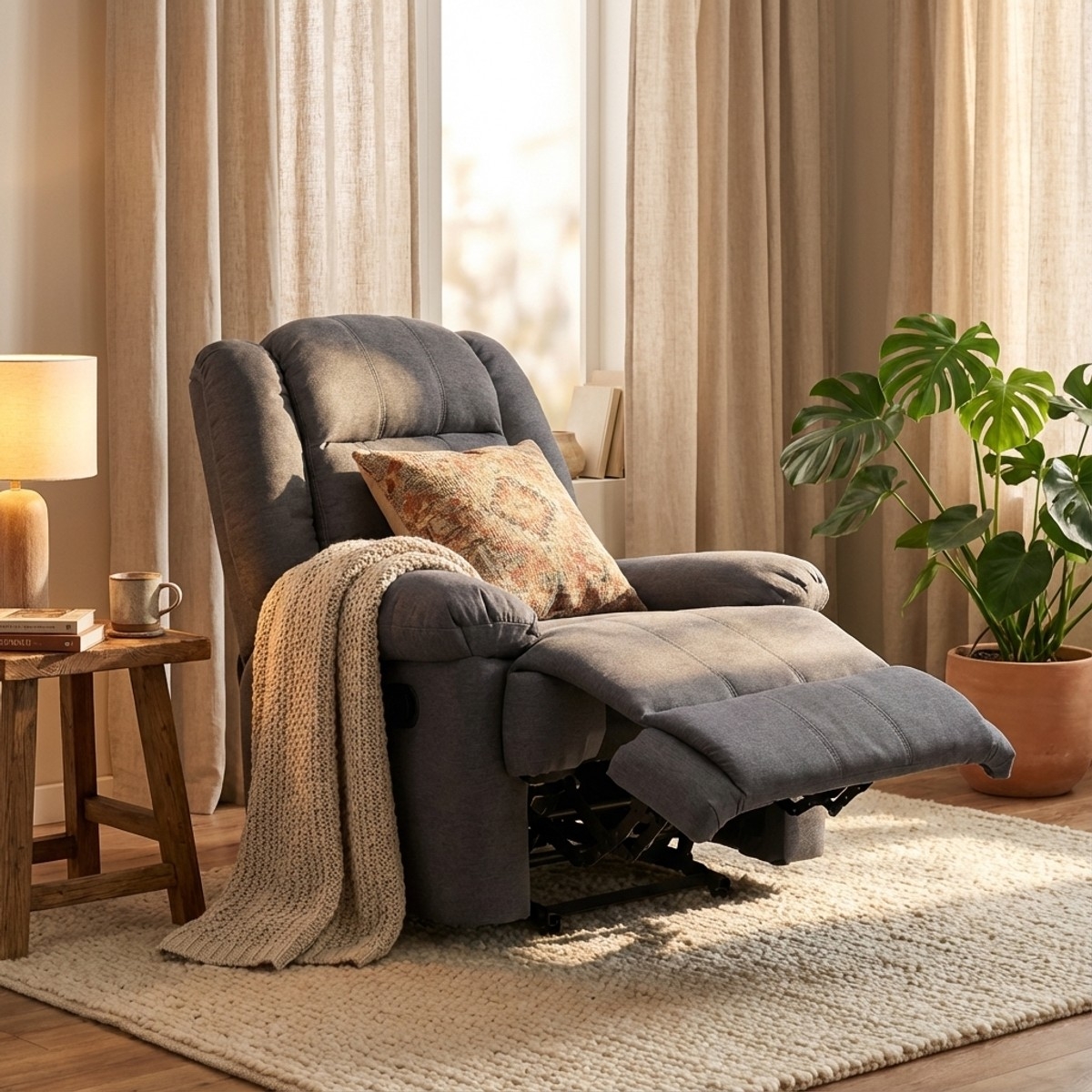 Poltrona relax in tessuto design reclinabile poggiapiedi 4 ruote Maura 