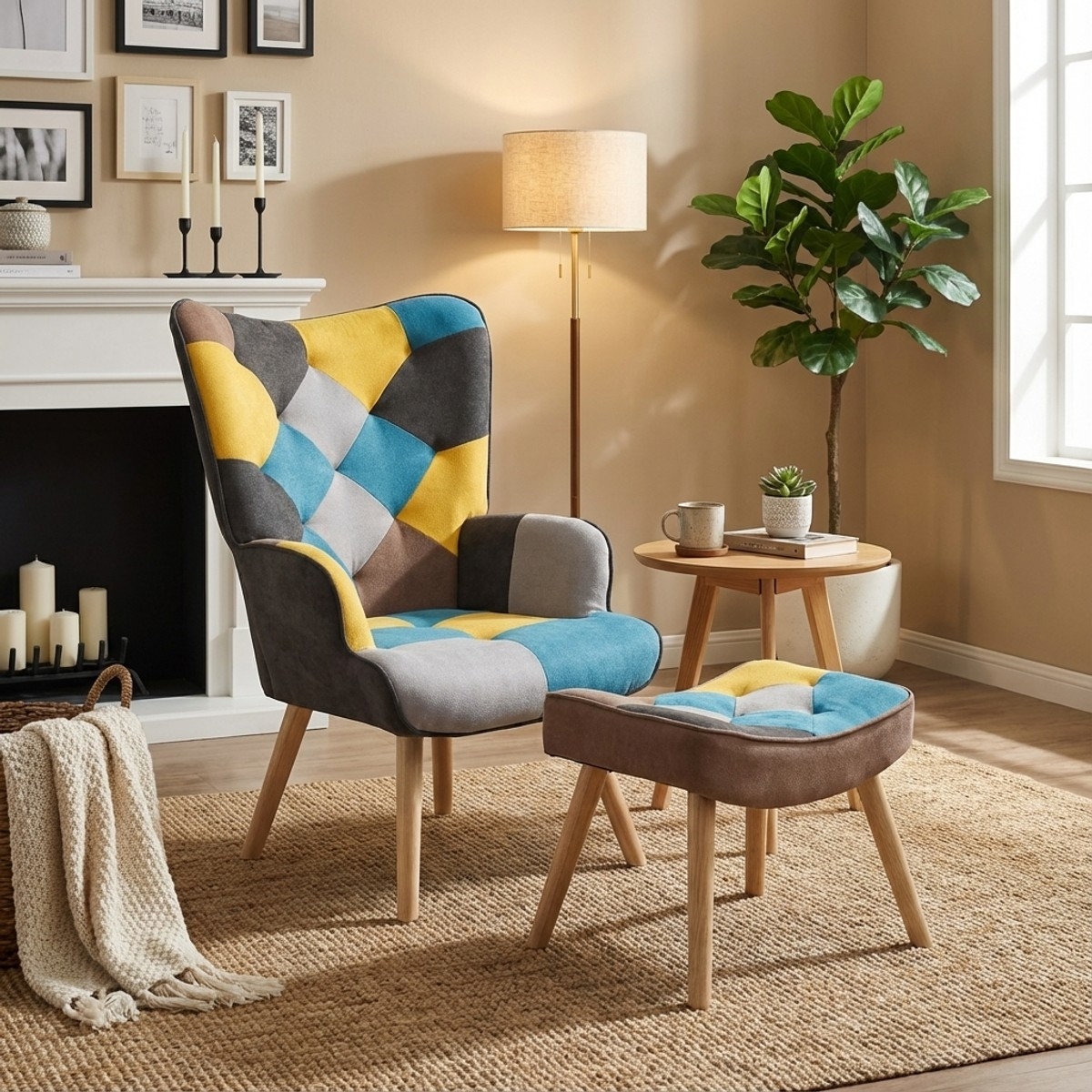 Set Sessel Patchwork + Fußhocker skandinavischen Stils Chapty Plus Sales