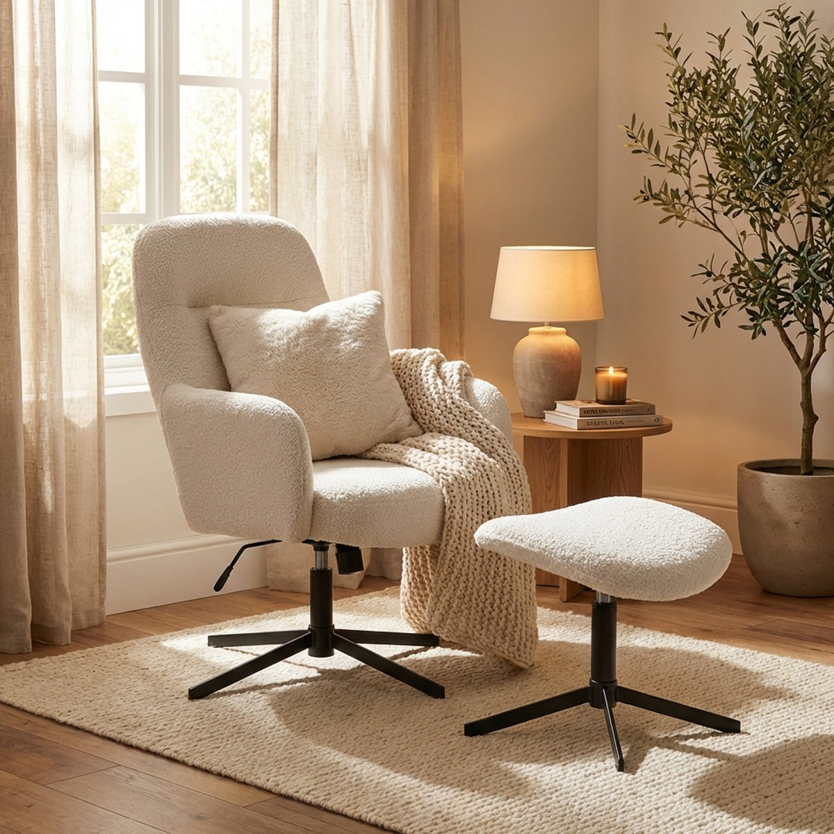 Fauteuil avec repose-pieds en bouclé blanc pour salon bureau Shiro