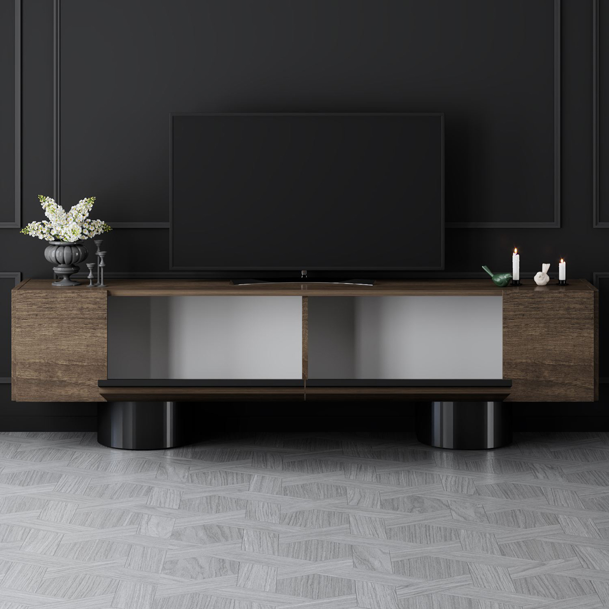Moderner TV-Ständer aus Melamin in Bohem Noce Design